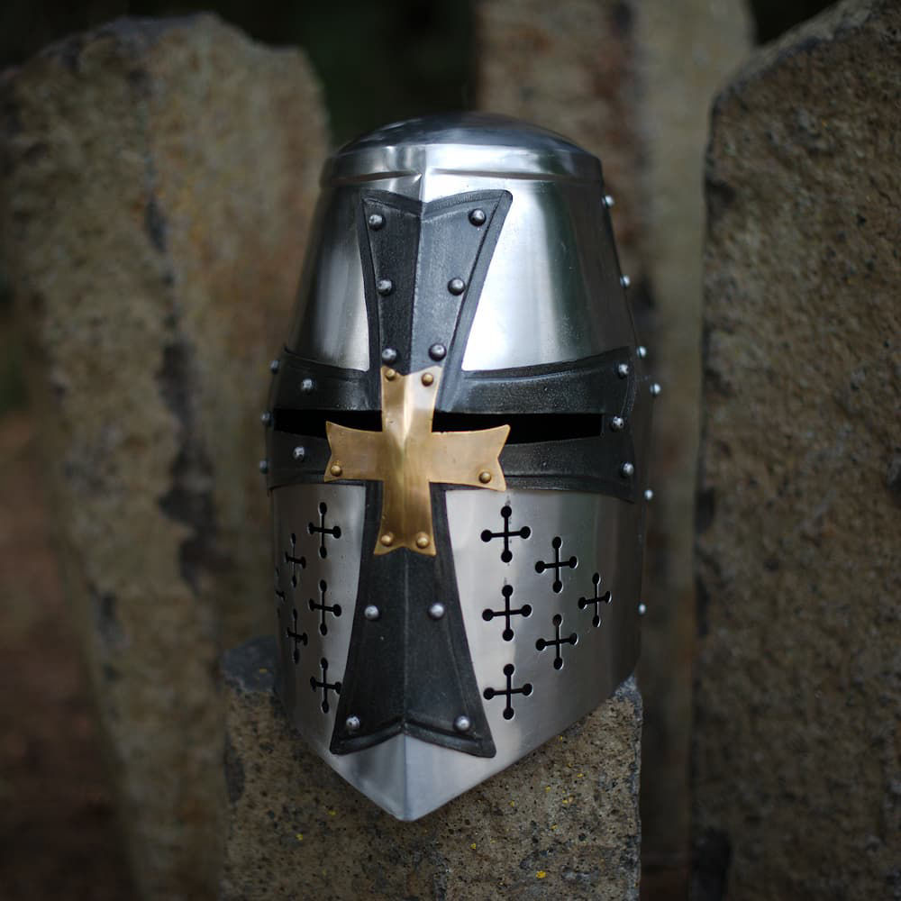Templar helmet in steel, black cross and brass