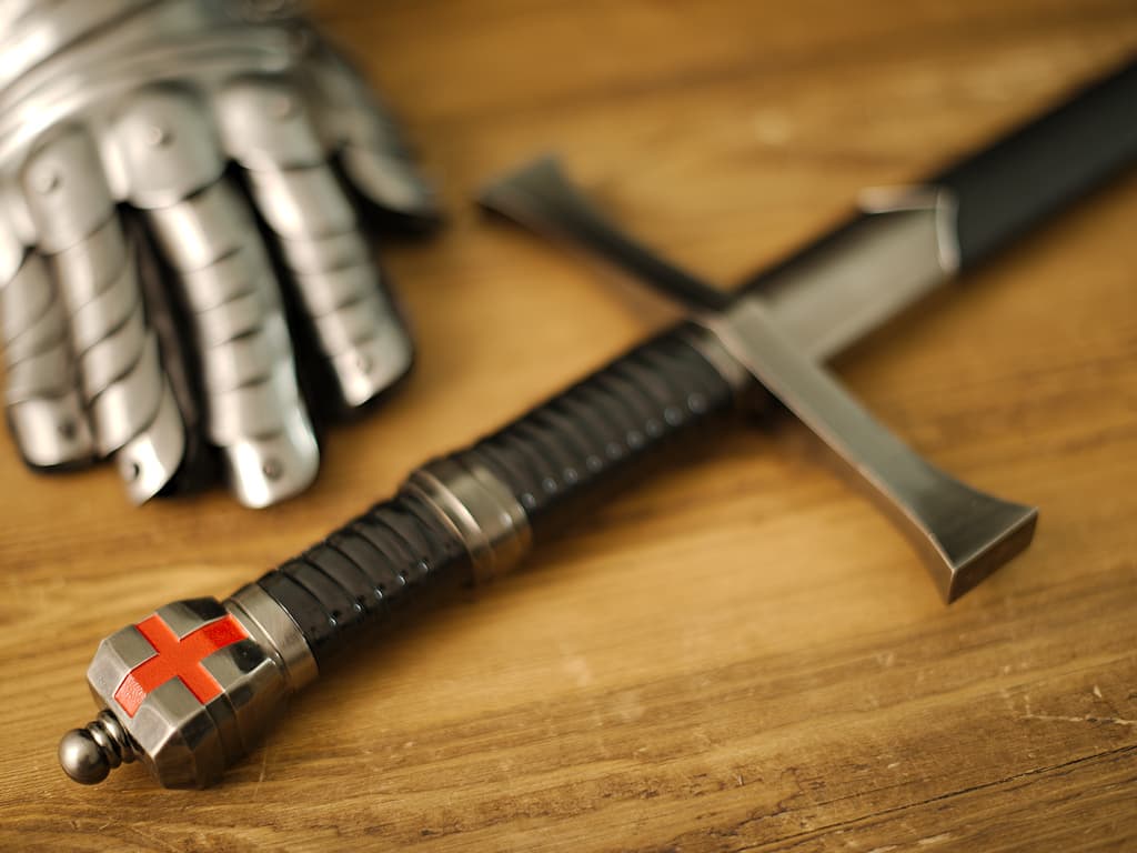 Decorative Templar sword set on a medieval wooden table, with a branch whose branches shelter dewdrops. Templar sword "Return from the Holy Land" #Terressens