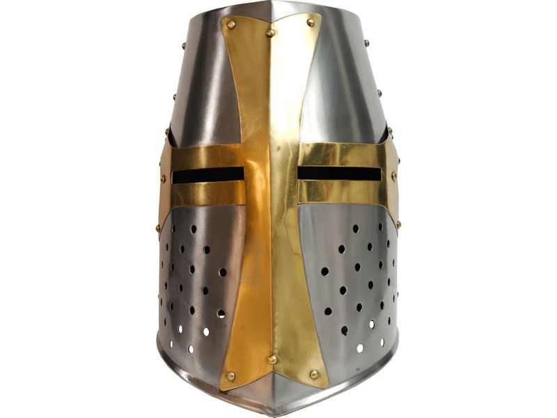 Templar steel helmet with brass cross #Terressens