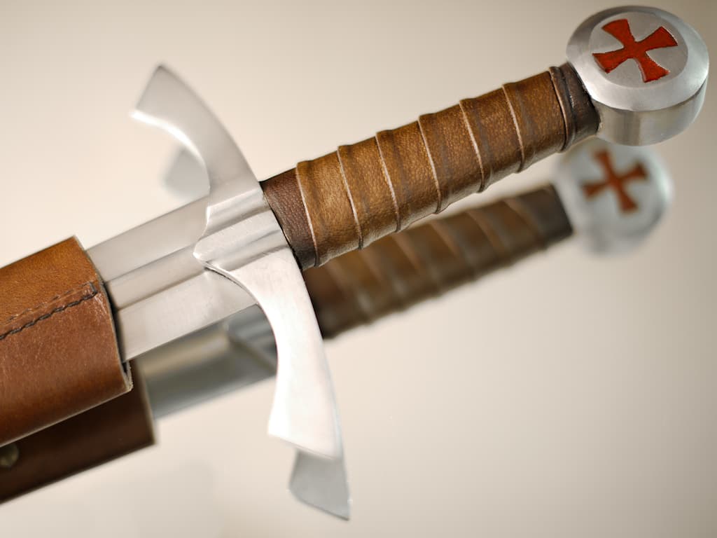 Épée templière de décoration posée sur une table médiébale en bois, avec une branche dont les branches abritent des gouttes de rosée Épée templière de combat #Terressens